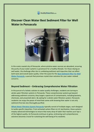 Discover Clean Water Best Sediment Filter for Well Water in Pensacola