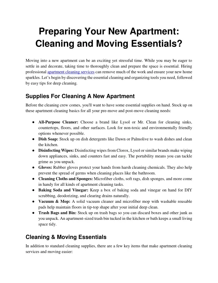 preparing your new apartment cleaning and moving