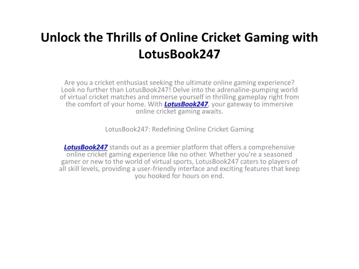 unlock the thrills of online cricket gaming with lotusbook247