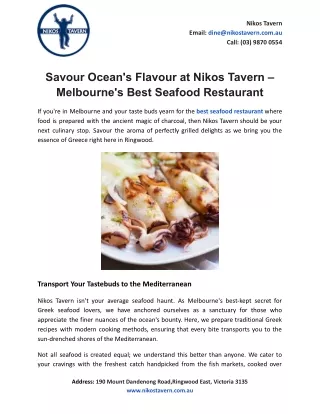 Savour Ocean's Flavour at Nikos Tavern – Melbourne's Best Seafood Restaurant