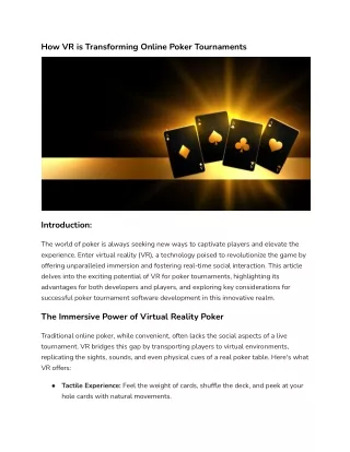 How VR is Transforming Online Poker Tournaments