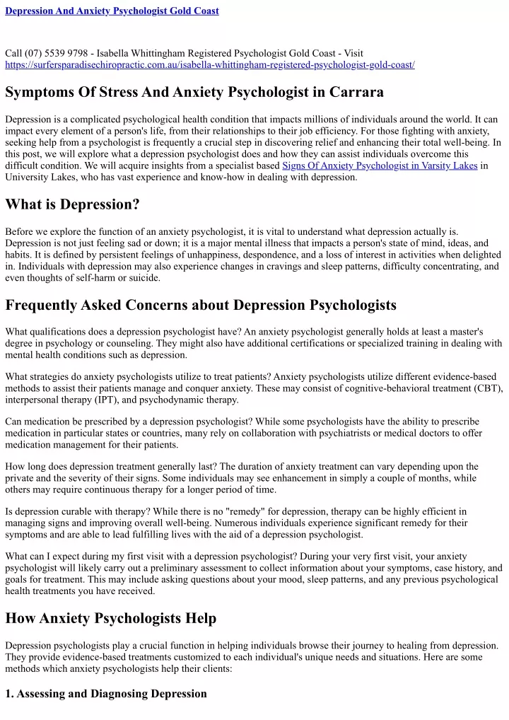 depression and anxiety psychologist gold coast