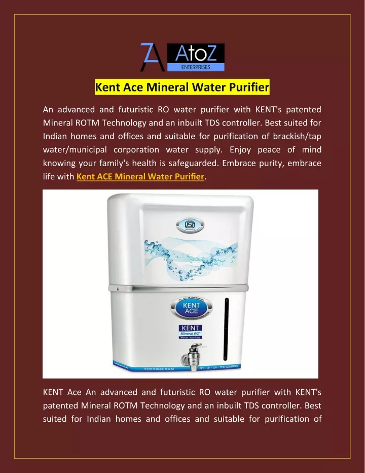kent ace mineral water purifier