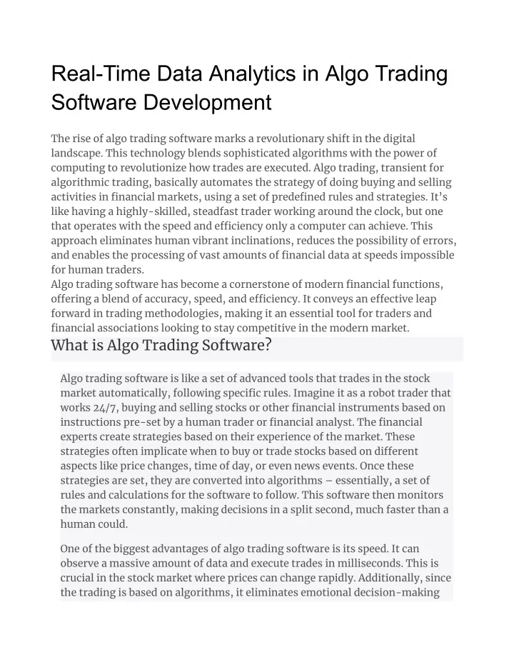 real time data analytics in algo trading software