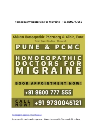 Homeopathy Doctors in For Migraine -  91 8600777555