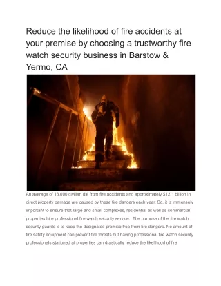 Reduce the likelihood of fire accidents at your premise by choosing a trustworthy fire watch security business in Barsto