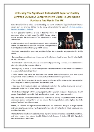 Unlocking The Significant Potential Of Superior Quality Certified SARMs, A Comprehensive Guide To Safe Online Purchase A