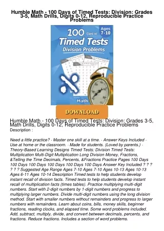 [PDF⚡READ❤ONLINE]  Humble Math - 100 Days of Timed Tests: Division: Grades 3-5, Math Drills,
