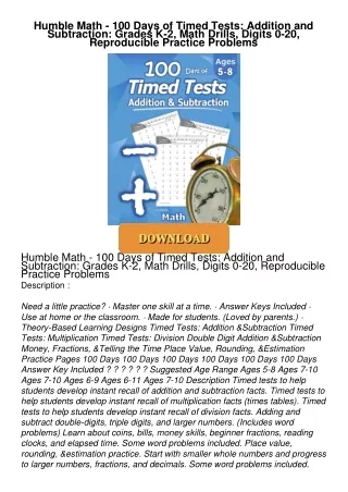 ❤[PDF]⚡  Humble Math - 100 Days of Timed Tests: Addition and Subtraction: Grades K-2,