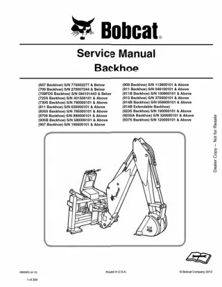 Bobcat 909 Backhoe Service Repair Manual SN 113800101 AND Above