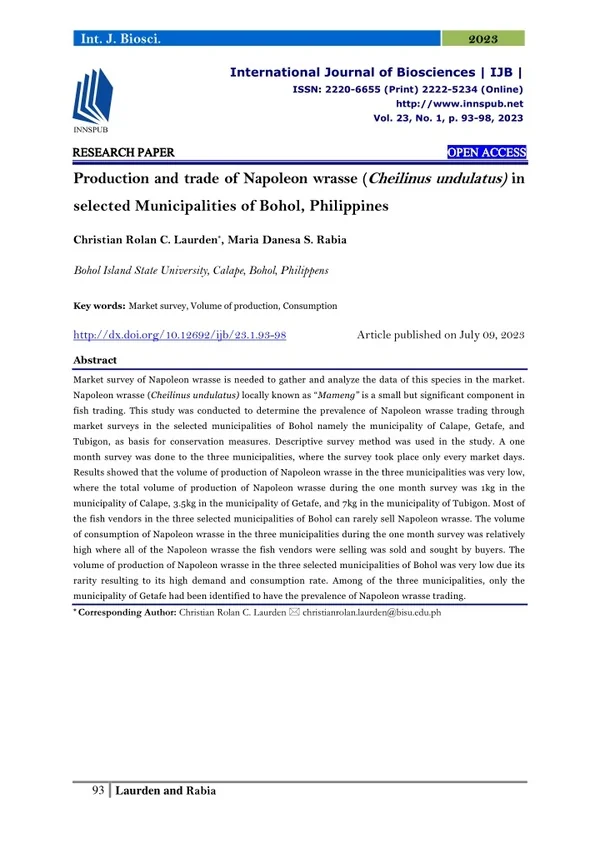 Production and trade of Napoleon wrasse (Cheilinus undulatus) in selected