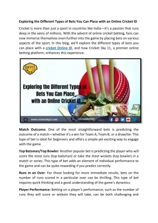 Exploring the Different Types of Bets You Can Place with an Online Cricket ID