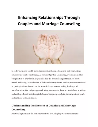 Enhancing Relationships Through Couples and Marriage Counseling