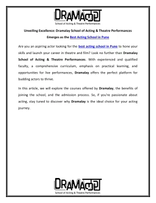 Dramalay School of Acting & Theatre Performances Emerges as the Best Acting School in Pune