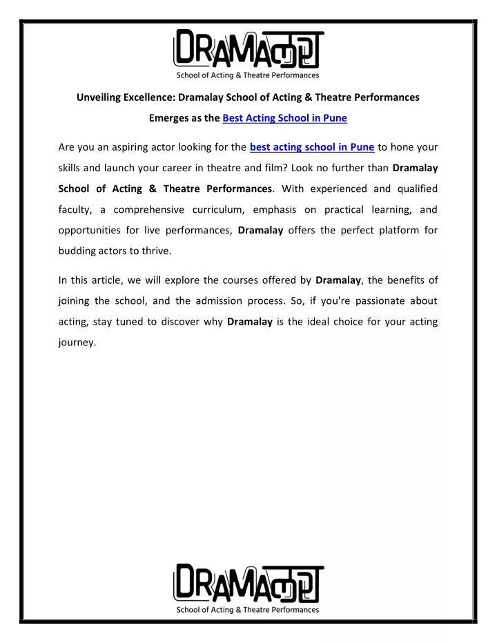 unveiling excellence dramalay school of acting