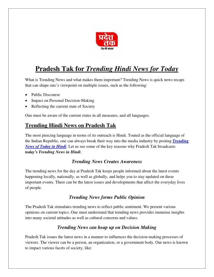 pradesh tak for trending hindi news for today