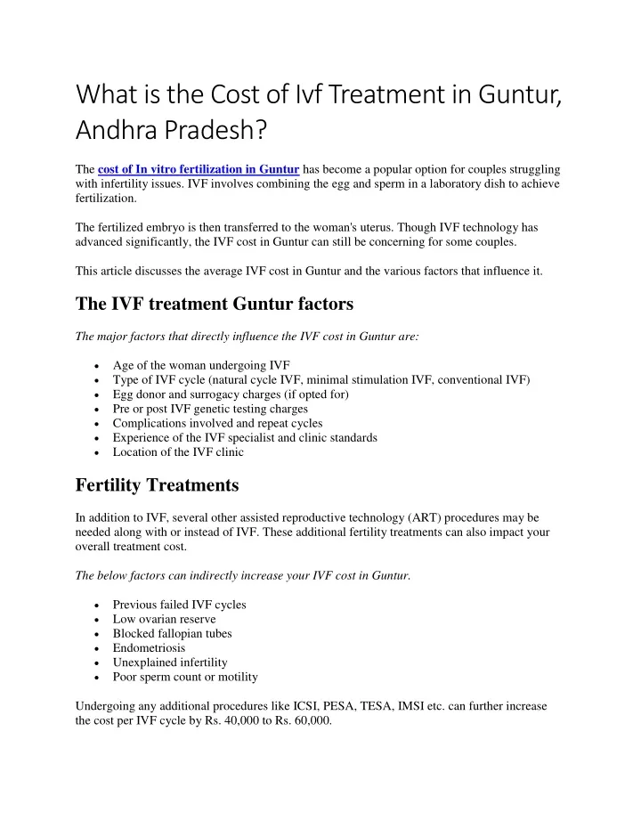 what is the cost of ivf treatment in guntur