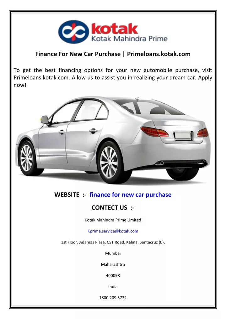 finance for new car purchase primeloans kotak com