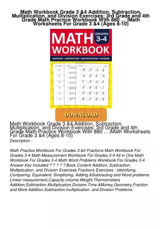 PDF/READ❤  Math Workbook Grade 3 & 4 Addition, Subtraction, Multiplication, and Division