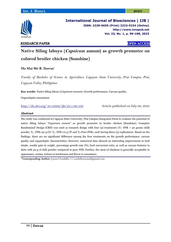 Native Siling labuyo (Capsicum annum) as growth promoter on colored broiler