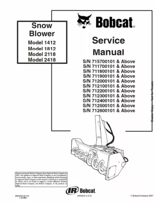 Bobcat Model 1412 1812 2118 2418 Snow Blower Service Repair Manual SN 712100101 And Above