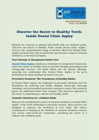 Discover the Secret to Healthy Teeth- Inside Dental Clinic Aspley