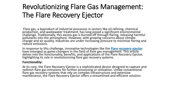 revolutionizing flare gas management the flare recovery ejector