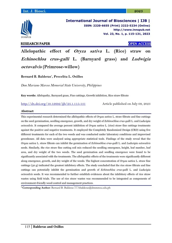 Allelopathic effect of Oryza sativa L. (Rice) straw on Echinochloa crus-galli L.