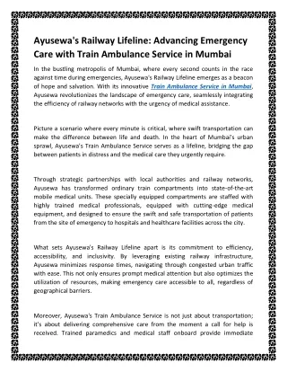 Ayusewa's Railway Lifeline Advancing Emergency Care with Train Ambulance Service in Mumbai