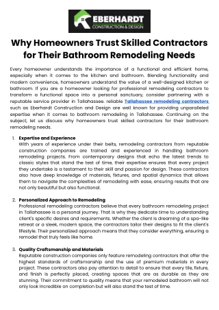 Why Homeowners Trust Skilled Contractors for Their Bathroom Remodeling Needs