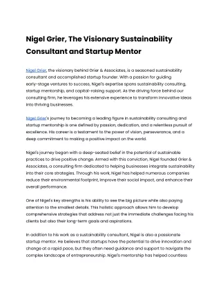 Nigel Grier, A Visionary in Sustainability and Startup Success