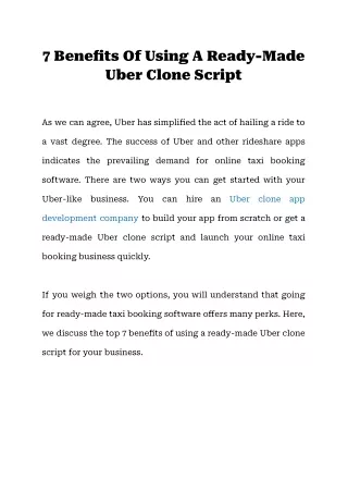 7 Benefits Of Using A Ready-Made Uber Clone Script