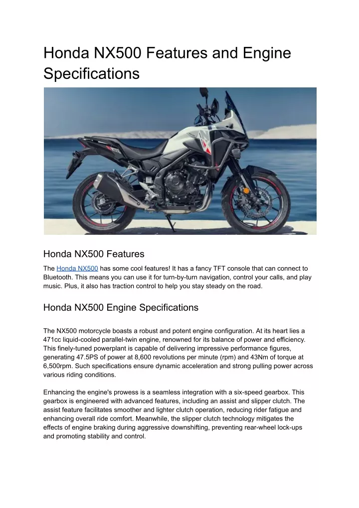 honda nx500 features and engine specifications