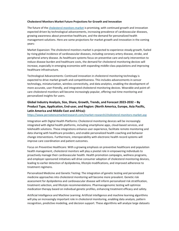 cholesterol monitors market future projections