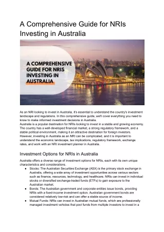 A Comprehensive Guide for NRIs Investing in Australia