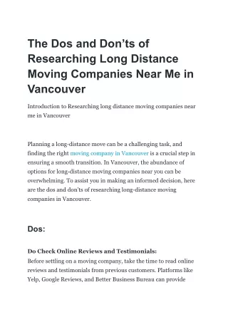 Dos and Don’ts of Researching Long Distance Moving Companies Near me Vancouver