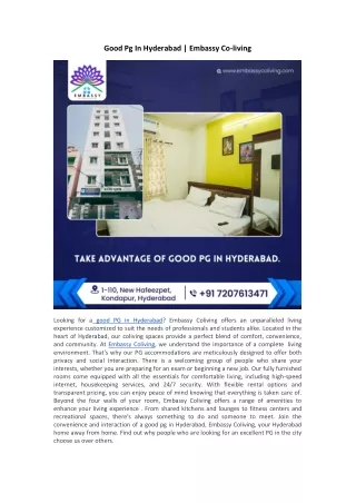 Good Pg In Hyderabad | Embassy Co-living