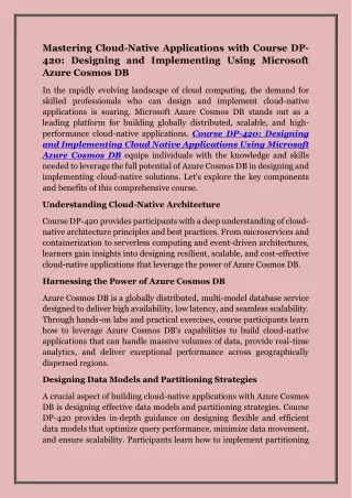 Course DP-420: Designing and Implementing Cloud Native Applications Using Micros