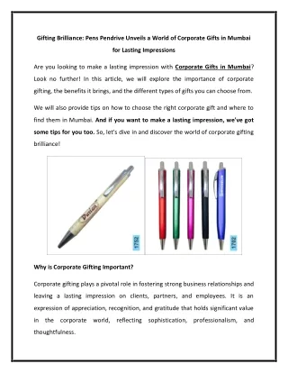 Gifting Brilliance Pens Pendrive Unveils a World of Corporate Gifts in Mumbai for Lasting Impressions
