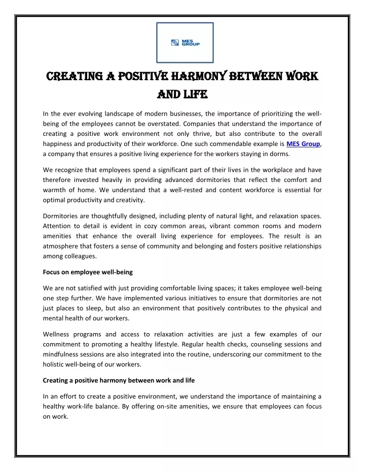 creating a positive harmony between work creating