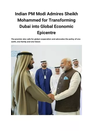 Indian PM Modi Admires Sheikh Mohammed for Transforming Dubai into Global Economic Epicentre