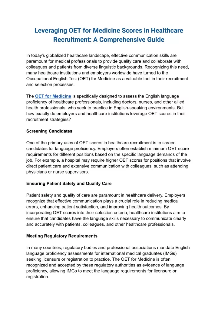 leveraging oet for medicine scores in healthcare