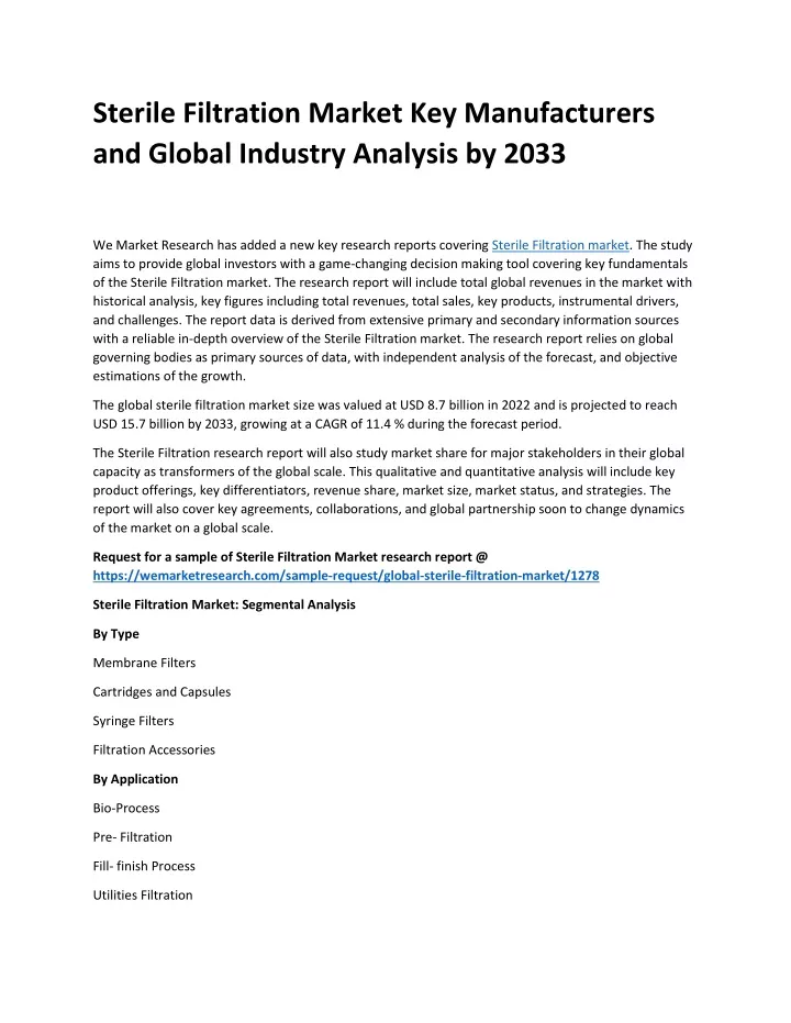 sterile filtration market key manufacturers