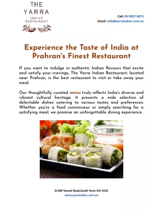 Experience the Taste of India at Prahran's Finest Restaurant