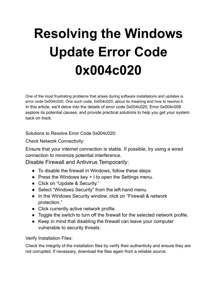 resolving the windows update error code 0x004c020
