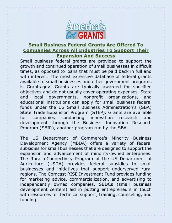 small business federal grants are offered