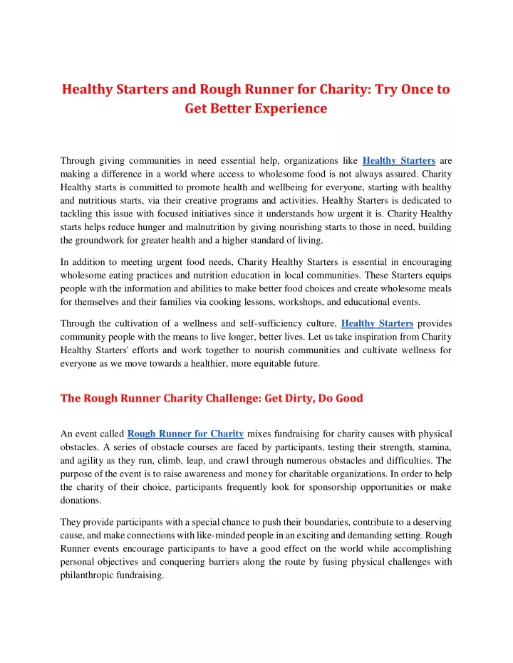 healthy starters and rough runner for charity