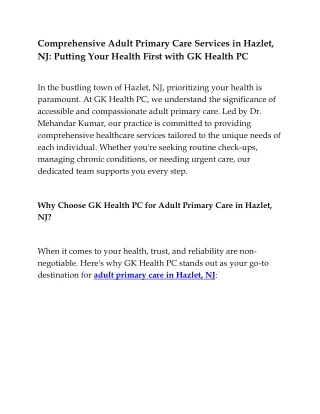 Adult Primary Care Services in Hazlet, NJ