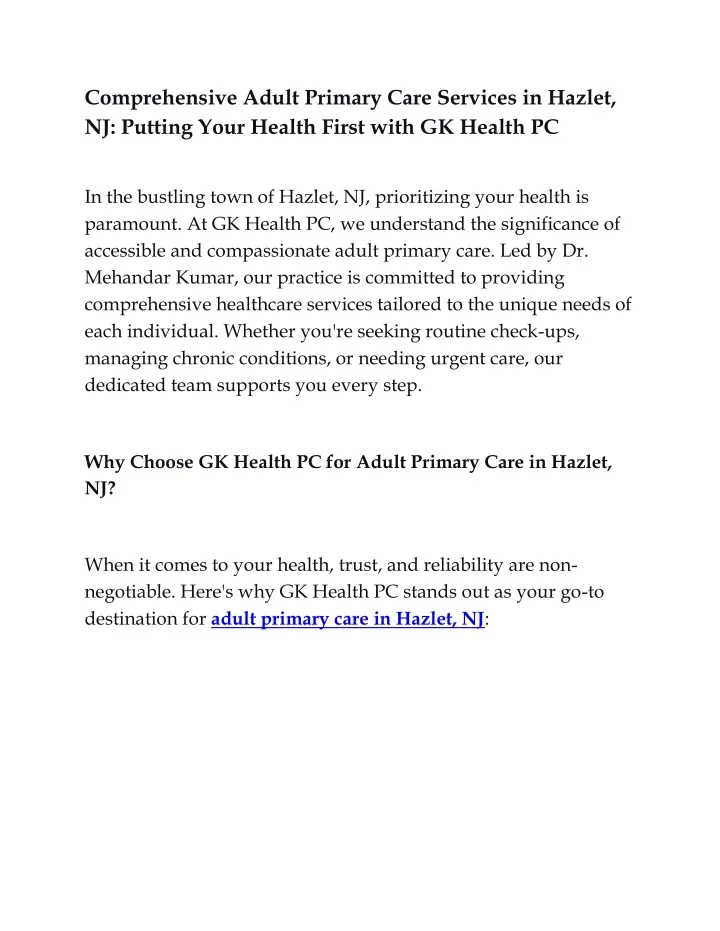 comprehensive adult primary care services