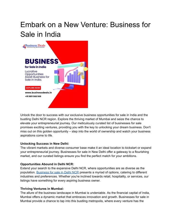 embark on a new venture business for sale in india